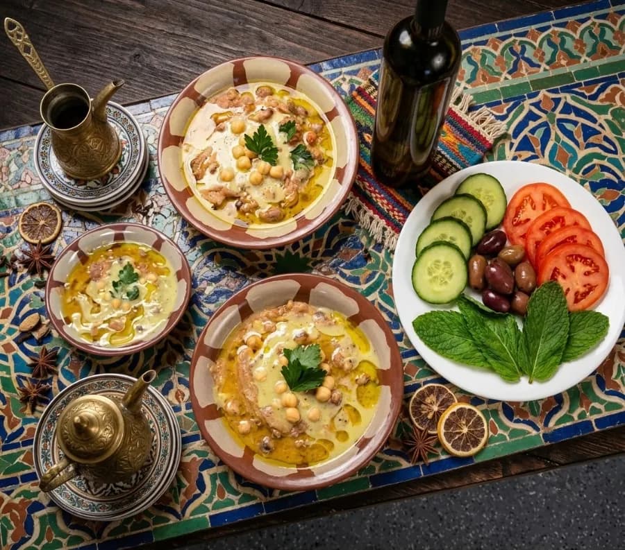 Bowls of ful topped with chickpeas and olive oil, a plate of cucumber, tomato, olives and mint, and a brass coffee pot, seen from above
